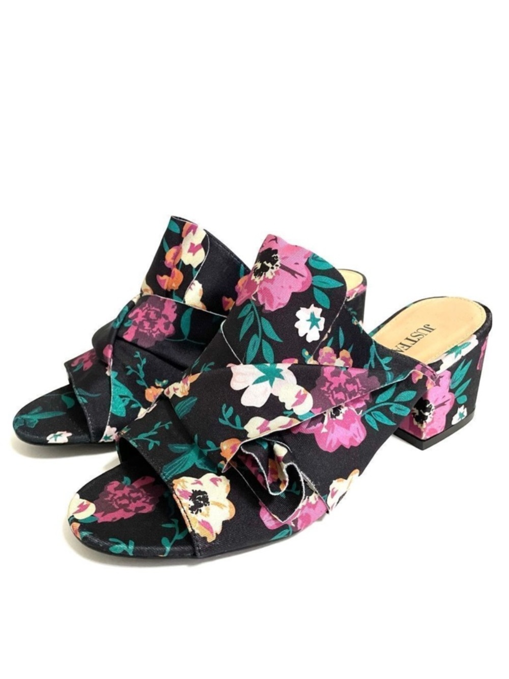 Justfab Minna Heeled Mule In Black Floral Print Fabric size 9